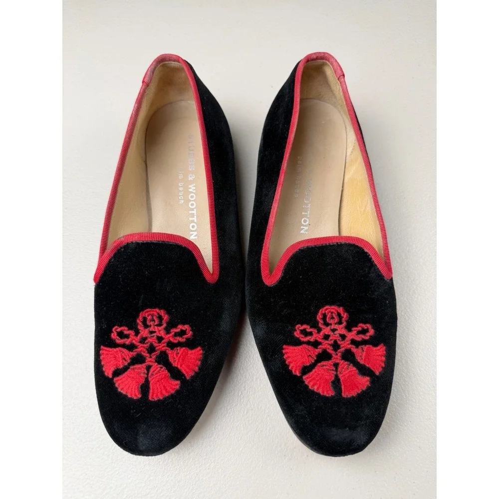 Stubbs &‎ Wootton Black Velvet Red Embroidered Tassel Smoking Slipper Loafers 6